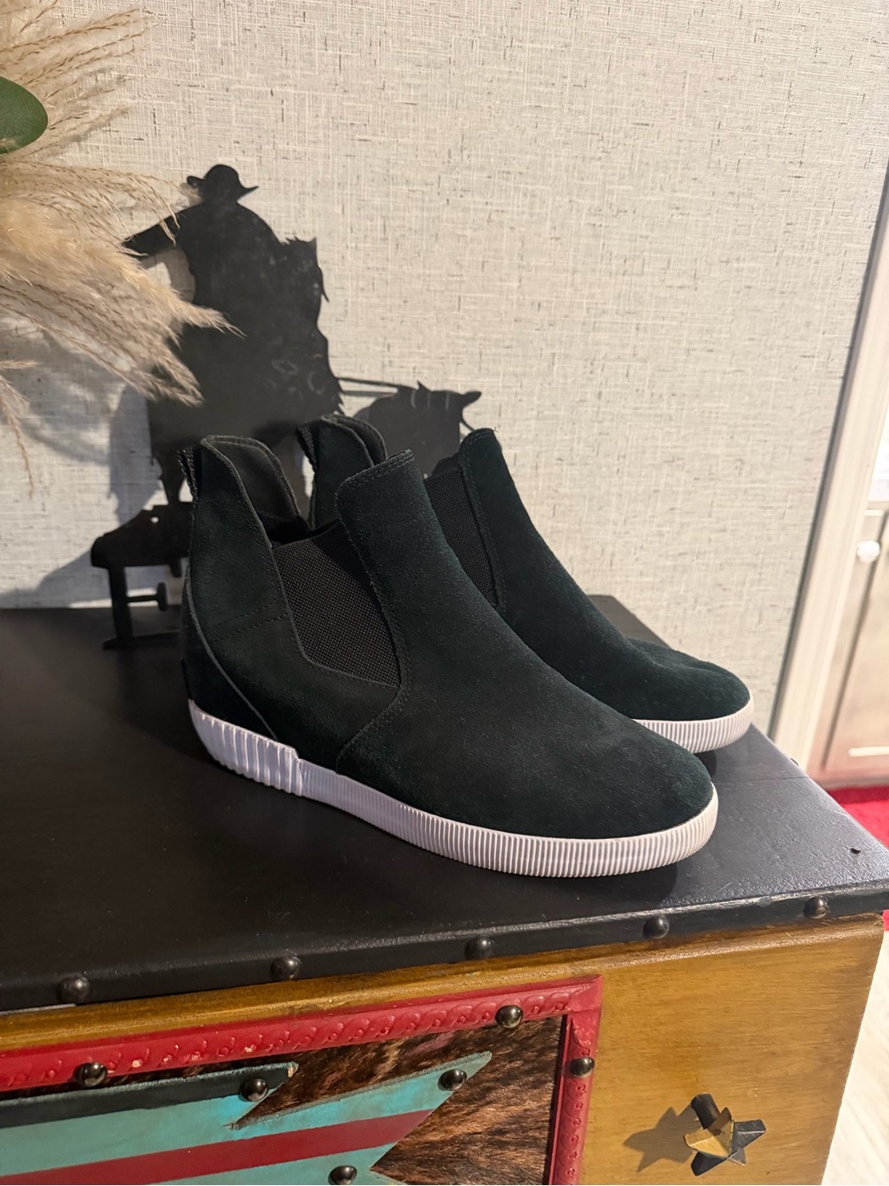 Sorel Black Suede Slip-On Wedge Booties with White Sole